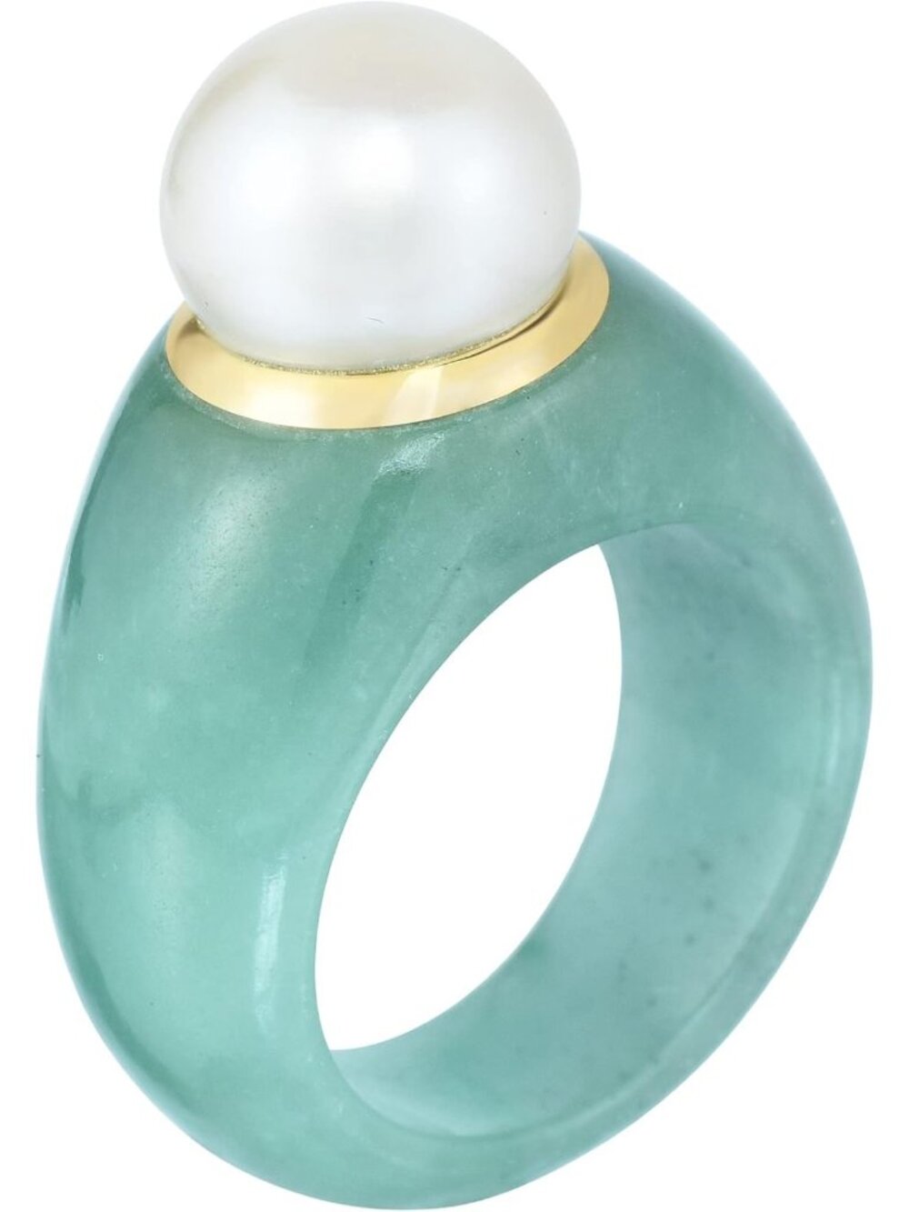 Elegant 14K Yellow Gold Statement Ring with Jade & 10mm Freshwater Pearl